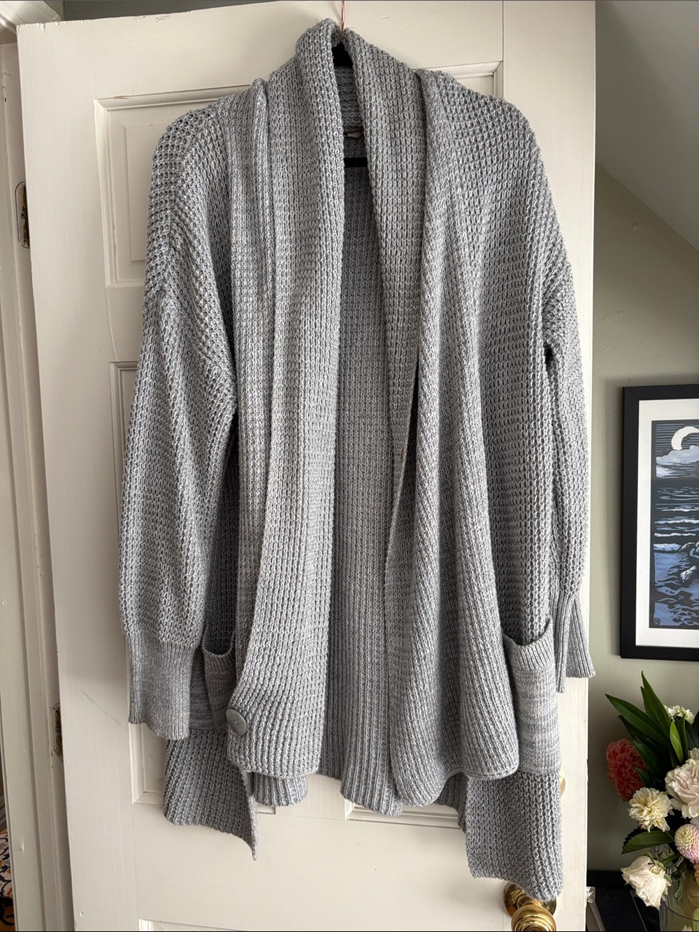 Soft Surroundings Light Gray Waffle-Knit Open-Front Cardigan